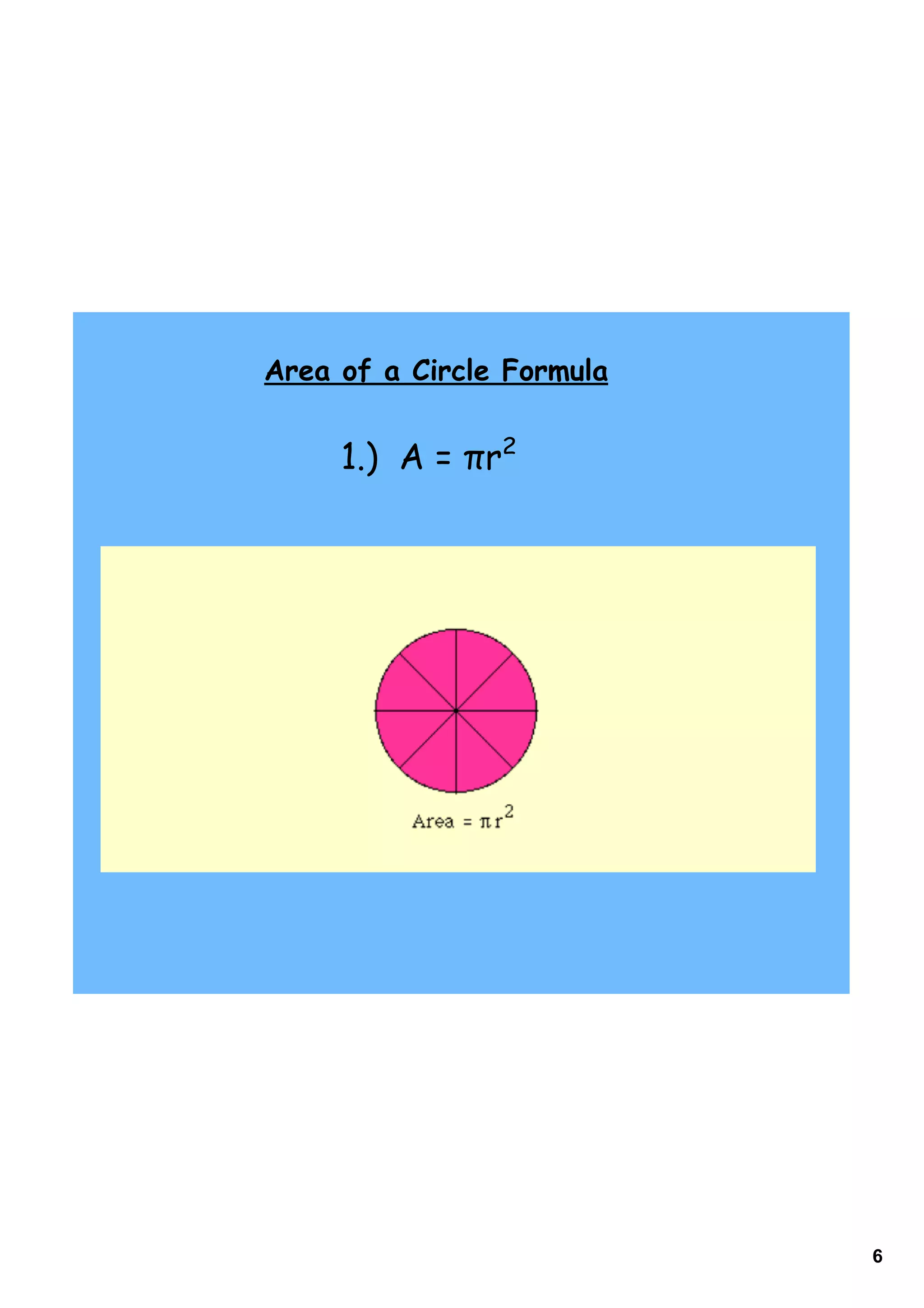 Area of a Circle Formula


     1.) A = πr2




                           6
 