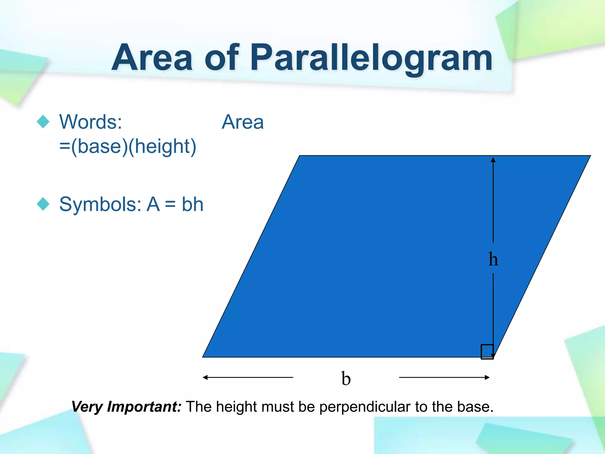 b
h
Area of Parallelogram
Words: Area
=(base)(height)
Symbols: A = bh
Very Important: The height must be perpendicular to the base.
 