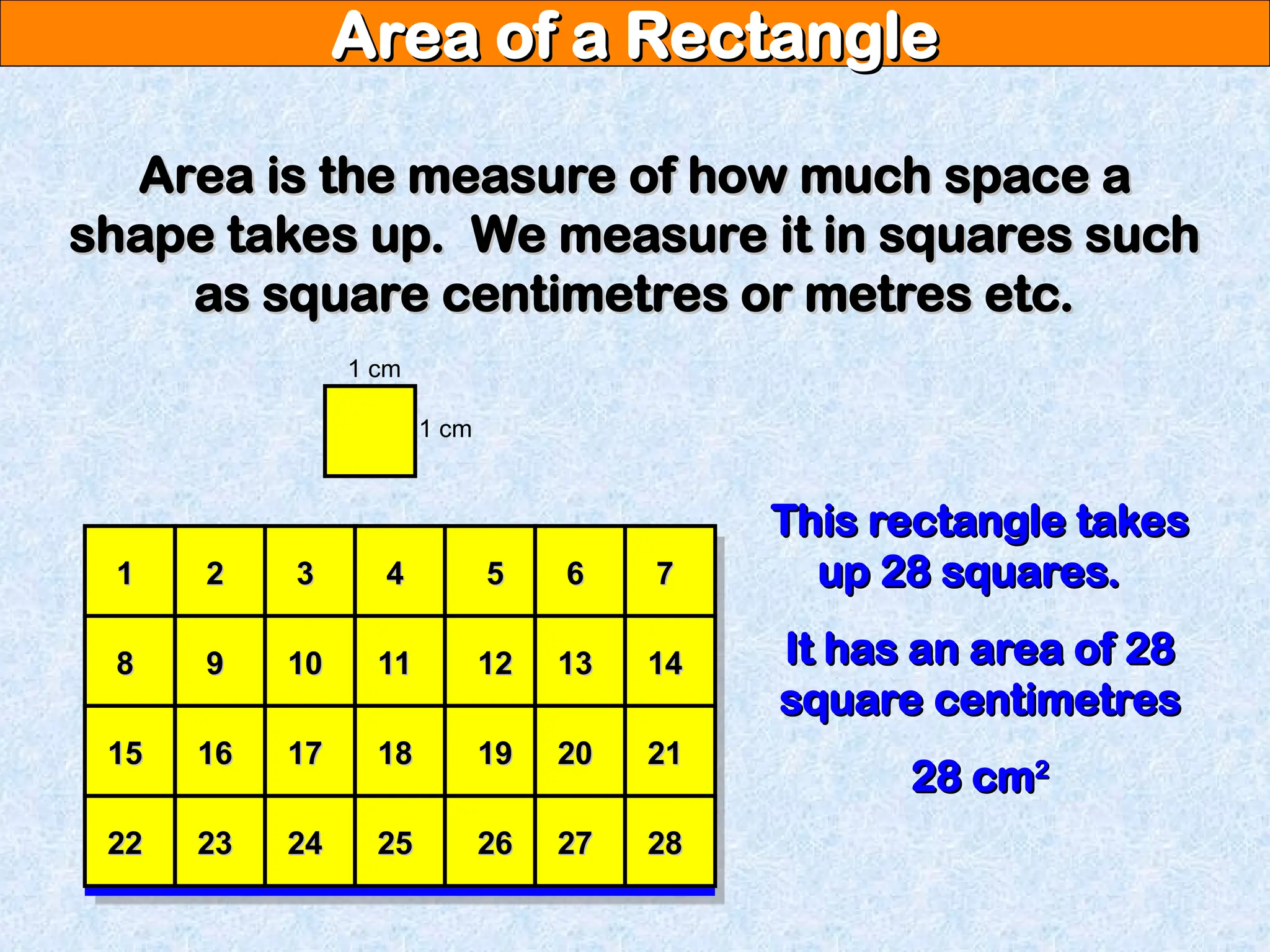 Area of a Rectangle
Area of a Rectangle
Area is the measure of how much space a
Area is the measure of how much space a
shape takes up. We measure it in squares such
shape takes up. We measure it in squares such
as square centimetres or metres etc.
as square centimetres or metres etc.
1 cm
1 cm
1
1 2
2 3
3 4
4 5
5 6
6 7
7
8
8 9
9 10
10 11
11 12
12 13
13 14
14
15
15 16
16 17
17 18
18 19
19 20
20 21
21
22
22 23
23 24
24 25
25 26
26 27
27 28
28
This rectangle takes
This rectangle takes
up 28 squares.
up 28 squares.
It has an area of 28
It has an area of 28
square centimetres
square centimetres
28 cm
28 cm2
2
 
