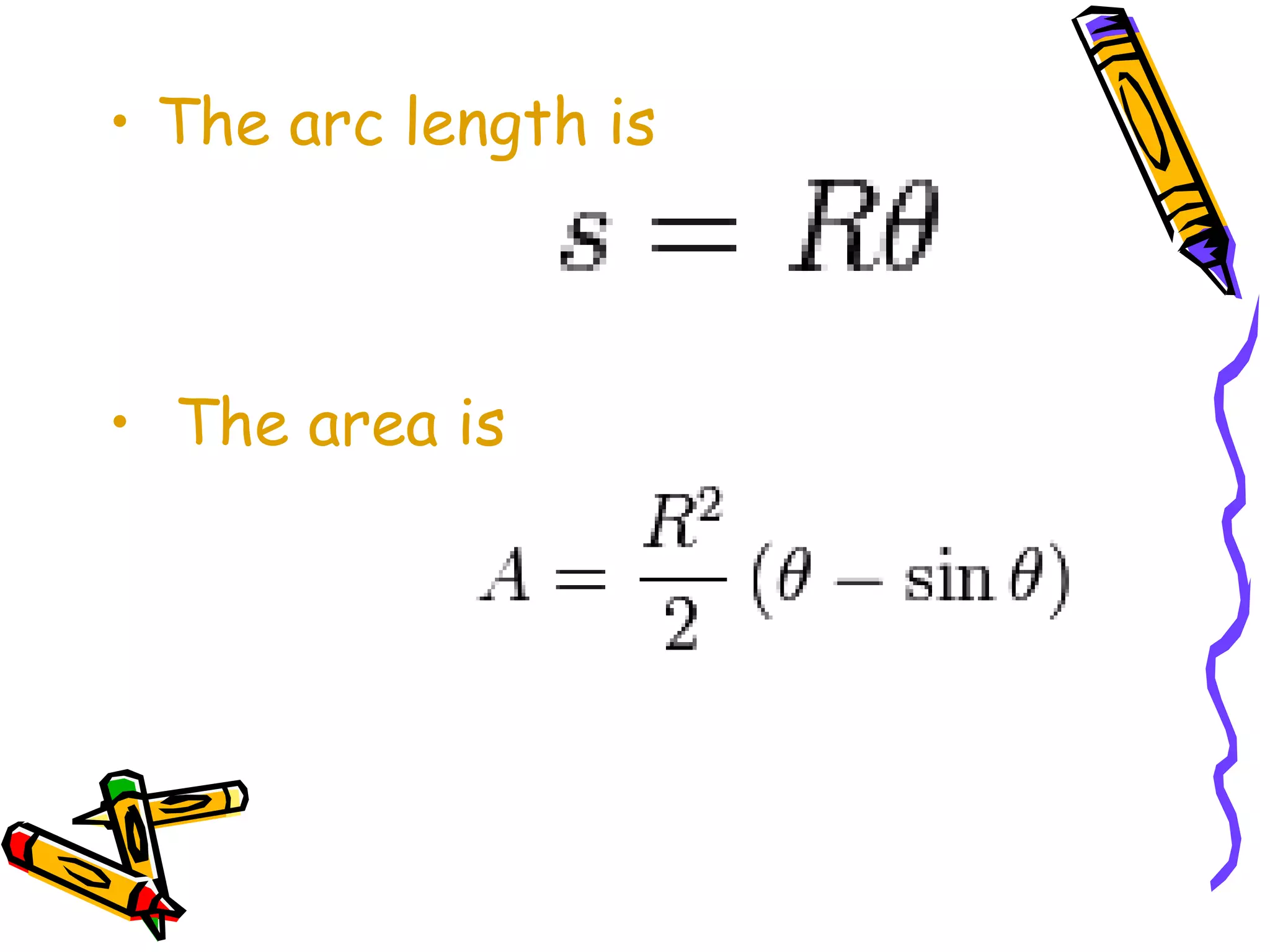 • The arc length is 
• The area is 
 