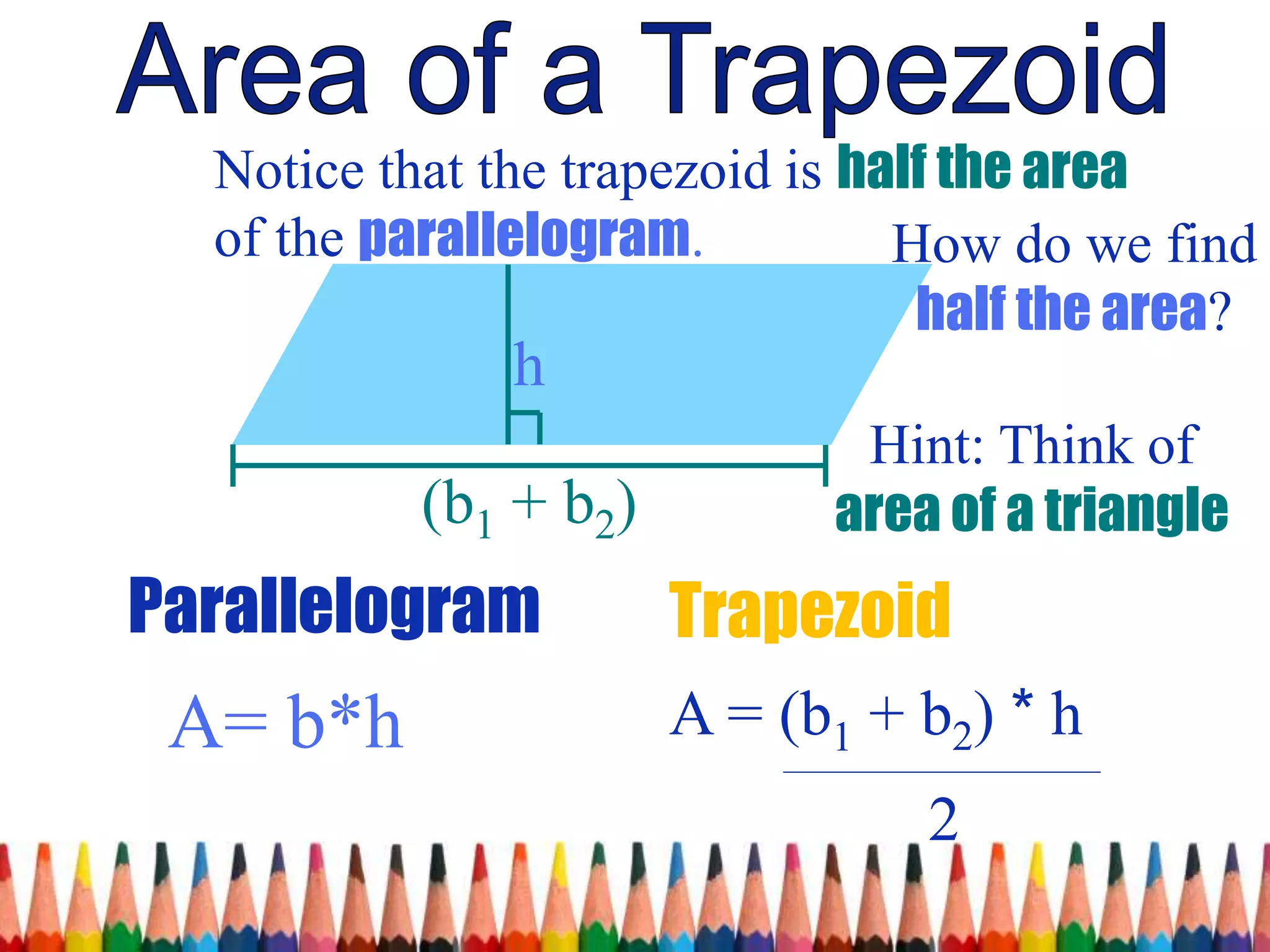 (b1 + b2)
h
Parallelogram Trapezoid
Notice that the trapezoid is half the area
of the parallelogram. How do we find
half the area?
2
A = (b1 + b2) * h
Hint: Think of
area of a triangle
A= b*h
 