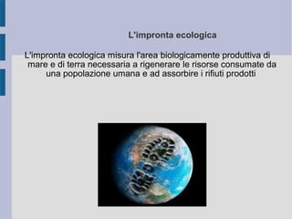 L'impronta ecologica
L'impronta ecologica misura l'area biologicamente produttiva di
mare e di terra necessaria a rigenerare le risorse consumate da
una popolazione umana e ad assorbire i rifiuti prodotti
 