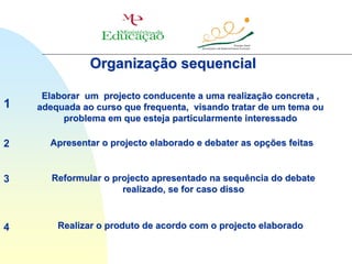 Organização sequencial

     Elaborar um projecto conducente a uma realização concreta ,
1   adequada ao curso que frequenta, visando tratar de um tema ou
         problema em que esteja particularmente interessado

2     Apresentar o projecto elaborado e debater as opções feitas


3      Reformular o projecto apresentado na sequência do debate
                      realizado, se for caso disso



4       Realizar o produto de acordo com o projecto elaborado
 