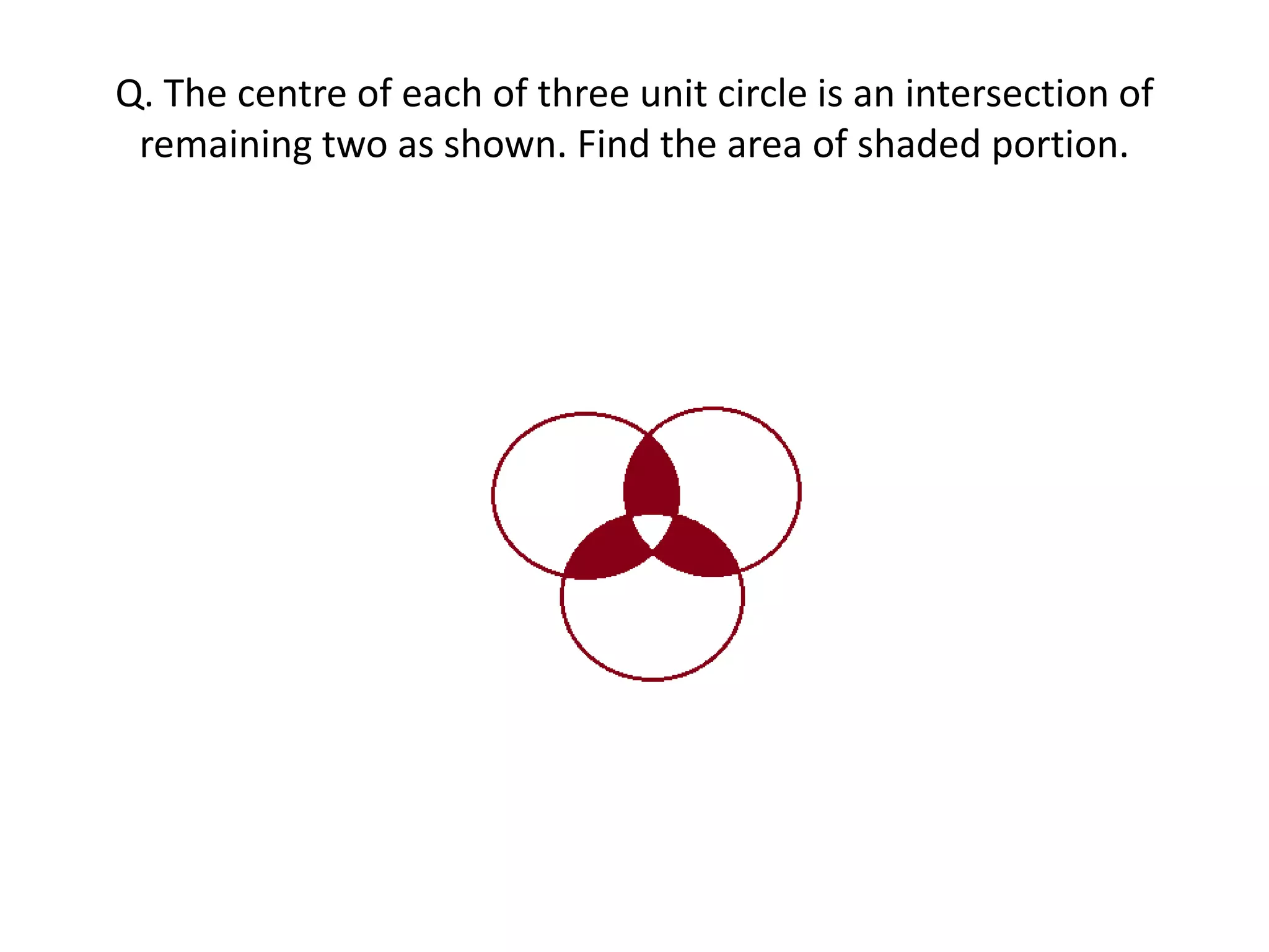 Q. The centre of each of three unit circle is an intersection of
remaining two as shown. Find the area of shaded portion.