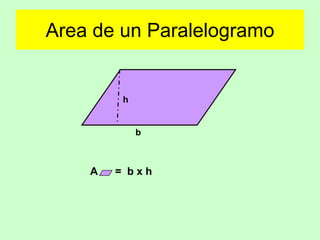 Area de un Paralelogramo


         h


             b



    A   = bxh
 