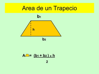 Area de un Trapecio
          b1

      h

               b2



A   = (b1 + b2 ) x h
                    2
 