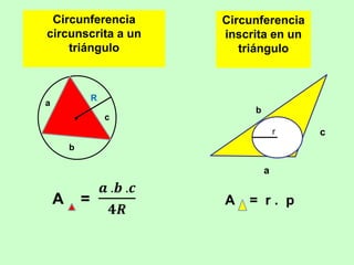 Circunferencia     Circunferencia
circunscrita a un   inscrita en un
    triángulo          triángulo



        R
a
                         b
            c
                                 r   c
    b

                             a


                    A   = r. p
 