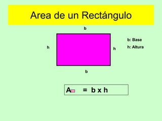Area de un Rectángulo
           b

                       b: Base
   h               h   h: Altura




           b



       A   = bxh
 