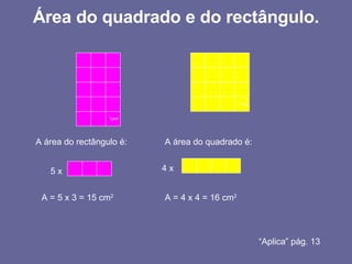 Área do quadrado e do rectângulo. A área do rectângulo é: 5 x  A = 5 x 3 = 15 cm 2 1cm 2 A área do quadrado é: 4 x  A = 4 x 4 = 16 cm 2 1cm 2 “ Aplica” pág. 13 