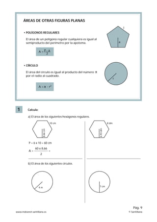 1
ÁREAS DE OTRAS FIGURAS PLANAS
Calcula:
El área de un polígono regular cualquiera es igual al
semiproducto del perímetro por la apotema.
El área del círculo es igual al producto del número
por el radio al cuadrado.
a) El área de los siguientes hexágonos regulares.
P = 6 x 10 = 60 cm
b) El área de los siguientes círculos.
• POLÍGONOS REGULARES
www.indexnet.santillana.es © Santillana
Pág. 9
A = P · a
2
• CÍRCULO
A = · r2
r
a
10 cm
8,66cm
8 dm
4 m
6,93dm
7 cm
l
A =
60 x 8,66
2
=
 
