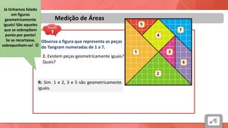 Áreas
Medição de Áreas
Observa a figura que representa as peças
do Tangram numeradas de 1 a 7.
2. Existem peças geometricamente iguais?
Quais?
R: Sim. 1 e 2, 3 e 5 são geometricamente
iguais.
Já tínhamos falado
em figuras
geometricamente
iguais! São aqueles
que se sobrepõem
ponto por ponto!
Se as recortasse,
sobrepunham-se! 
 