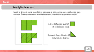 Áreas
Medição de Áreas
Medir a área de uma superfície é compará-la com outra que escolhemos para
unidade. É ver quantas vezes a unidade cabe na superfície que queremos medir.
A área da figura é igual a 5
(5 unidades de área)
A área da figura é igual a 10
(10 unidades de área)
 