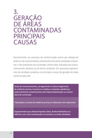 10
3.
GERAÇÃO
DE ÁREAS
CONTAMINADAS
PRINCIPAIS
CAUSAS
Normalmente, um processo de contaminação ocorre por adoção de
práticas não recomendadas ambientalmente pelas atividades produti-
vas e não produtivas da sociedade, sendo estas realizadas por desco-
nhecimento, desleixo ou de forma acidental. Em processos operacio-
nais da atividade produtiva, as principais causas de geração de áreas
contaminadas são:
Áreas de armazenamento, carregamento ou descarregamento
de matérias-primas, insumos ou resíduos contendo substâncias
potencialmente contaminantes sem impermeabilização ou mesmo
bacia de contenção
Tubulações ou dutos de matérias-primas ou efluentes com vazamento
Equipamentos que utilizam líquidos (óleo, fluídos hidráulicos ou
elétricos, etc.) sem manutenção ou controle, ou ainda obsoletos
CARTILHA_DMA_CONTAMINADA_CAROL_V2.indd 10 19/11/14 11:08
 