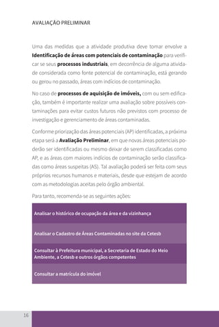 16
AVALIAÇÃO PRELIMINAR
Uma das medidas que a atividade produtiva deve tomar envolve a
Identificação de áreas com potenciais de contaminação para verifi-
car se seus processos industriais, em decorrência de alguma ativida-
de considerada como fonte potencial de contaminação, está gerando
ou gerou no passado, áreas com indícios de contaminação.
No caso de processos de aquisição de imóveis, com ou sem edifica-
ção, também é importante realizar uma avaliação sobre possíveis con-
taminações para evitar custos futuros não previstos com processo de
investigação e gerenciamento de áreas contaminadas.
Conforme priorização das áreas potenciais (AP) identificadas, a próxima
etapa será a Avaliação Preliminar, em que novas áreas potenciais po-
derão ser identificadas ou mesmo deixar de serem classificadas como
AP, e as áreas com maiores indícios de contaminação serão classifica-
das como áreas suspeitas (AS). Tal avaliação poderá ser feita com seus
próprios recursos humanos e materiais, desde que estejam de acordo
com as metodologias aceitas pelo órgão ambiental.
Para tanto, recomenda-se as seguintes ações:
Analisar o histórico de ocupação da área e da vizinhança
Analisar o Cadastro de Áreas Contaminadas no site da Cetesb
Consultar à Prefeitura municipal, a Secretaria de Estado do Meio
Ambiente, a Cetesb e outros órgãos competentes
Consultar a matrícula do imóvel
CARTILHA_DMA_CONTAMINADA_CAROL_V2.indd 16 19/11/14 11:08
 