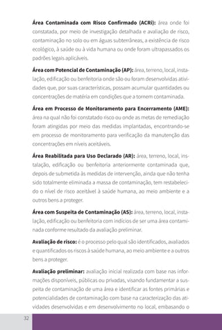 32
Área Contaminada com Risco Confirmado (ACRi): área onde foi
constatada, por meio de investigação detalhada e avaliação de risco,
contaminação no solo ou em águas subterrâneas, a existência de risco
ecológico, à saúde ou à vida humana ou onde foram ultrapassados os
padrões legais aplicáveis.
Área com Potencial de Contaminação (AP): área, terreno, local, insta-
lação, edificação ou benfeitoria onde são ou foram desenvolvidas ativi-
dades que, por suas características, possam acumular quantidades ou
concentrações de matéria em condições que a tornem contaminada.
Área em Processo de Monitoramento para Encerramento (AME):
área na qual não foi constatado risco ou onde as metas de remediação
foram atingidas por meio das medidas implantadas, encontrando-se
em processo de monitoramento para verificação da manutenção das
concentrações em níveis aceitáveis.
Área Reabilitada para Uso Declarado (AR): área, terreno, local, ins-
talação, edificação ou benfeitoria anteriormente contaminada que,
depois de submetida às medidas de intervenção, ainda que não tenha
sido totalmente eliminada a massa de contaminação, tem restabeleci-
do o nível de risco aceitável à saúde humana, ao meio ambiente e a
outros bens a proteger.
Área com Suspeita de Contaminação (AS): área, terreno, local, insta-
lação, edificação ou benfeitoria com indícios de ser uma área contami-
nada conforme resultado da avaliação preliminar.
Avaliação de risco: é o processo pelo qual são identificados, avaliados
e quantificados os riscos à saúde humana, ao meio ambiente e a outros
bens a proteger.
Avaliação preliminar: avaliação inicial realizada com base nas infor-
mações disponíveis, públicas ou privadas, visando fundamentar a sus-
peita de contaminação de uma área e identificar as fontes primárias e
potencialidades de contaminação com base na caracterização das ati-
vidades desenvolvidas e em desenvolvimento no local, embasando o
CARTILHA_DMA_CONTAMINADA_CAROL_V2.indd 32 19/11/14 11:08
 
