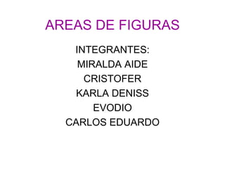 AREAS DE FIGURAS INTEGRANTES: MIRALDA AIDE CRISTOFER KARLA DENISS EVODIO CARLOS EDUARDO 