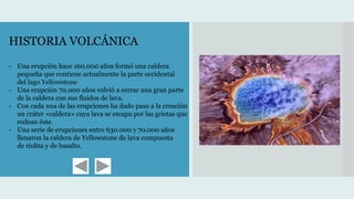 HISTORIA VOLCÁNICA
- Una erupción hace 160.000 años formó una caldera
pequeña que contiene actualmente la parte occidental
del lago Yellowstone
- Una erupción 70.000 años volvió a cerrar una gran parte
de la caldera con sus fluidos de lava.
- Con cada una de las erupciones ha dado paso a la creación
un cráter «caldera» cuya lava se escapa por las grietas que
rodean éste.
- Una serie de erupciones entre 630.000 y 70.000 años
llenaron la caldera de Yellowstone de lava compuesta
de riolita y de basalto.
 