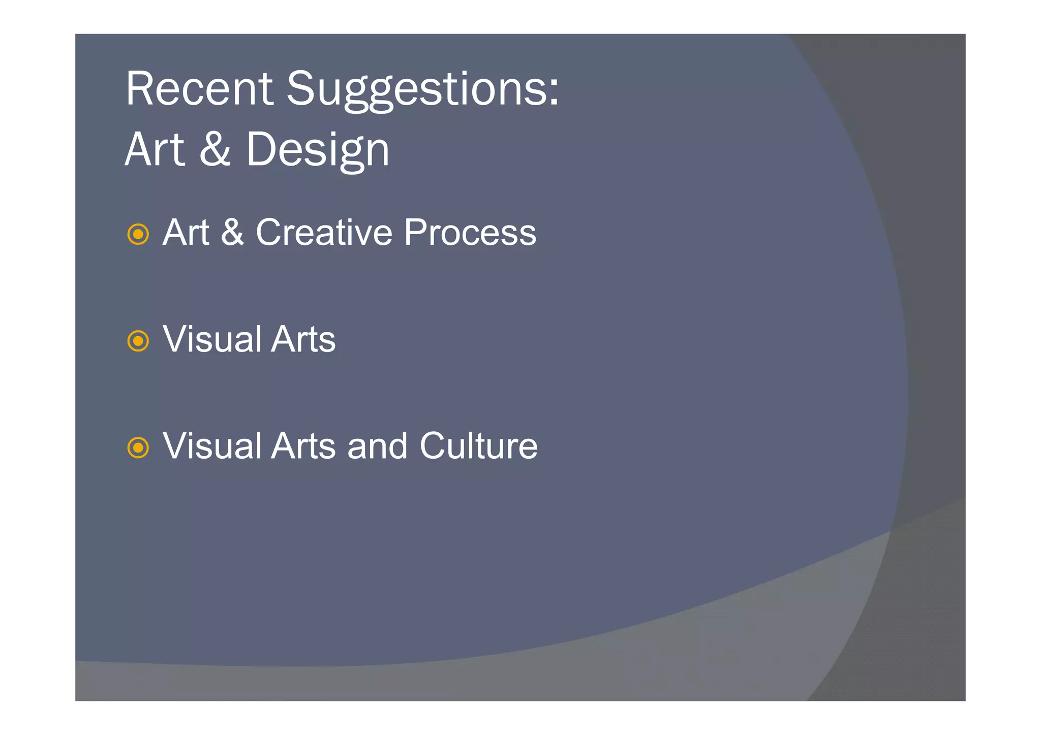 Recent Suggestions:
Art & Design
 Art & Creative Process

 Visual Arts

 Visual Arts and Culture
 