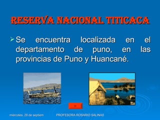 Reserva nacional titicaca Se encuentra localizada en el departamento de puno, en las provincias de Puno y Huancané. 
