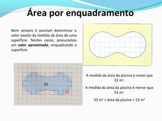 Área por enquadramento
Nem sempre é possível determinar o
valor exacto da medida da área de uma
superfície. Nestes casos, procuramos
um valor aproximado, enquadrando a
superfície.
33
53
A medida da área da piscina é maior que
33 m2
.
A medida da área da piscina é menor que
53 m2
.
33 m2
< área da piscina < 53 m2
 