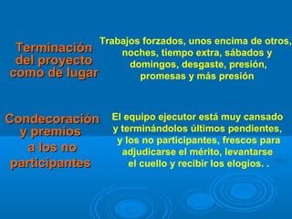 TerminaciónTerminación
del proyectodel proyecto
como de lugarcomo de lugar
CondecoraciónCondecoración
y premiosy premios
a los noa los no
participantesparticipantes
Trabajos forzados, unos encima de otros,
noches, tiempo extra, sábados y
domingos, desgaste, presión,
promesas y más presión
El equipo ejecutor está muy cansado
y terminándolos últimos pendientes,
y los no participantes, frescos para
adjudicarse el mérito, levantarse
el cuello y recibir los elogios. .
 