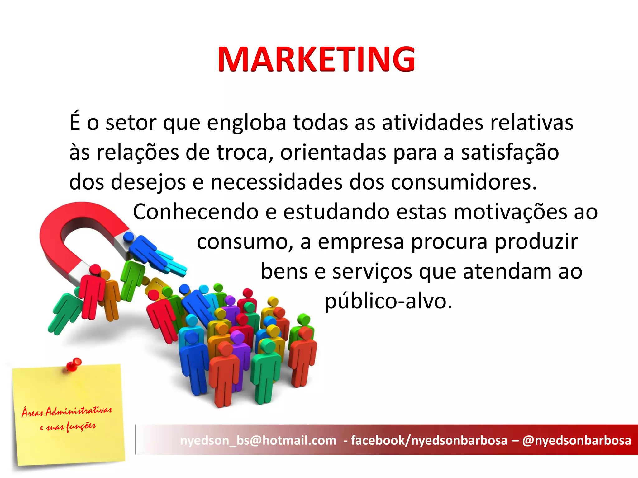É o setor que engloba todas as atividades relativas às relações de troca, orientadas para a satisfação dos desejos e necessidades dos consumidores. Conhecendo e estudando estas motivações ao consumo, a empresa procura produzir bens e serviços que atendam ao público-alvo. 
MARKETING 
nyedson_bs@hotmail.com - facebook/nyedsonbarbosa – @nyedsonbarbosa  
