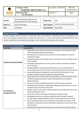 Area Sales Manager job description for manufacturing sector | PDF