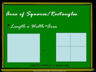 Area of Squares/Rectangles Length x Width=Area Free powerpoint template: www.brainybetty.com 2 Length(2) xWidth(2) = 4 square units 