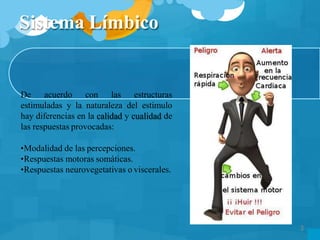 De acuerdo con las estructuras
estimuladas y la naturaleza del estimulo
hay diferencias en la calidad y cualidad de
las respuestas provocadas:
•Modalidad de las percepciones.
•Respuestas motoras somáticas.
•Respuestas neurovegetativas o viscerales.
Sistema Límbico
3
 