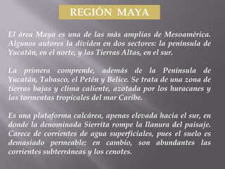 REGIÓN MAYA

El área Maya es una de las más amplias de Mesoamérica.
Algunos autores la dividen en dos sectores: la península de
Yucatán, en el norte, y las Tierras Altas, en el sur.

La primera comprende, además de la Península de
Yucatán, Tabasco, el Petén y Belice. Se trata de una zona de
tierras bajas y clima caliente, azotada por los huracanes y
las tormentas tropicales del mar Caribe.

Es una plataforma calcárea, apenas elevada hacia el sur, en
donde la denominada Sierrita rompe la llanura del paisaje.
Carece de corrientes de agua superficiales, pues el suelo es
demasiado permeable; en cambio, son abundantes las
corrientes subterráneas y los cenotes.
 