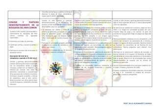 PROF. DELIA AGRAMONTE CUADROS
Una niña camina hacia suadultoo lollama al
observar la pelea de otros compañeros;
espera que el adulto intervenga.
CONVIVE Y PARTICIPA
DEMOCRÁTICAMENTE EN LA
BÚSQUEDA DEL BIEN COMÚN
Cuando el niño convive yparticipa demo-
cráticamente en búsqueda del bien
común, combina las siguientes
capacidades:
• Interactúa con todas las personas.
• Construye normas, y asume acuerdos y
leyes.
• Participa en acciones que promueven el
bienestar común.
Descripción del nivel de la
competencia esperado al fin del ciclo II
Convive y participa democráticamente
cuando interactúa de manera respetuosa
con sus compañeros desde su propia
iniciativa, cumple con sus deberes y se
interesa por conocer más sobre las
diferentes costumbres y características
de las personas de suentorno inmediato.
Participa y propone acuerdos y normas
de convivencia para el bien común.
Realiza acciones con otros para el buen
usode los espacios, materiales yrecursos
comunes.
Cuando el niño convive y participa
democráticamente y se encuentra en
proceso al nivel esperado del cicloII, realiza
desempeños como los siguientes:
• Se relaciona con adultos y niños de su
entorno en diferentes actividades del aula y
juega en pequeños grupos. Ejemplo: Un
niño, le propone jugar con bloques a otros
niños. Construyen de manera conjunta una
torre.
• Participa en actividades grupales poniendo
en práctica las normas de convivencia y los
límites que conoce.
• Colabora en el cuidado del uso de recursos,
materiales y espacios compartidos.
Cuando el niño convive y participa democráticamente
y se encuentra enproceso al nivel esperado del cicloII,
realiza desempeños como los siguientes:
• Se relaciona conadultos de suentorno, juega conotros
niños y se integra en actividades grupales del aula.
Propone ideas de juego y las normas del mismo, sigue
las reglas de los demás de acuerdo con sus intereses.
Ejemplo: Un niño propone a sus amigos jugar
“matagente” conlo que el grupo está de acuerdo y les
dice que no vale agarrar la pelota con la mano.
• Realiza actividades cotidianas consus compañeros yse
interesa por conocer sus costumbres, así como los
lugares de los que proceden. Realiza preguntas acerca
de lo que le llamó la atención.
• Participa en la construcción colectiva de acuerdos y
normas, basados en el respeto y el bienestar de todos,
en situaciones que lo afectan o incomodan a él o a
algunode sus compañeros. Muestra, enlas actividades
que realiza, comportamientos de acuerdo con las
normas de convivencia asumidos.
• Colabora en actividades colectivas orientadas al
cuidado de los recursos, materiales y espacios
compartidos.
Cuando el niño convive y participa democráticamente y
logra el nivel esperado del ciclo II, realiza desempeños
como los siguientes:
• Se relaciona con adultos de su entorno, juega con otros
niños y se integra en actividades grupales del aula.
Propone ideas de juego y sus normas. Se pone de
acuerdo con el grupopara elegir un juegoylas reglas del
mismo.
• Realiza actividades cotidianas consus compañeros, y se
interesa por compartir las costumbres de su familia y
conocer los lugares de donde proceden. Muestra interés
por conocer las costumbres de las familias de sus
compañeros. Realiza preguntas para obtener más
información.
• Participa en la construcción colectiva de acuerdos y
normas basadas en el respeto y el bienestar de todos
considerando las situaciones que afectanoincomodana
todo el grupo. Muestra en las actividades que realiza
comportamientos de acuerdo con las normas de
convivencia asumidos.
• Asume responsabilidades ensu aula para colaborar con
el orden, limpieza y bienestar de todos.
• Propone ycolabora en actividades colectivas –enel nivel
de aula e IE– orientadas al cuidado de recursos,
materiales y espacios compartidos.
 