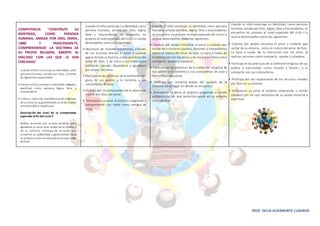 PROF. DELIA AGRAMONTE CUADROS
COMPETENCIA “CONSTRUYE SU
IDENTIDAD, COMO PERSONA
HUMANA, AMADA POR DIOS, DIGNA,
LIBRE Y TRASCENDENTE,
COMPRENDIENDO LA DOCTRINA DE
SU PROPIA RELIGIÓN, ABIERTO AL
DIÁLOGO CON LAS QUE LE SON
CERCANAS”
Cuando elniño construyesu identidad, como
persona humana, amada por Dios, combina
las siguientes capacidades:
•Conocea Dios y asumesu identidad religiosa y
espiritual como persona digna, libre y
trascendente.
• Cultiva y valora las manifestaciones religiosas
desu entorno argumentando su fedemanera
comprensibley respetuosa.
Descripción del nivel de la competencia
esperado al fin del ciclo II
Realiza acciones por propia iniciativa para
agradecer el amor que recibe de su familia y
de su entorno. Participa de acciones que
muestren su solidaridad y generosidad hacia
su prójimo como muestra delamorquerecibe
deDios.
Cuando el niñoconstruye suidentidad, como
persona humana, amada por Dios, digna,
libre y trascendente, se encuentra en
proceso al nivel esperado del cicloII y realiza
desempeños como los siguientes:
• Reconoce de manera espontánea, a través
de sus acciones diarias, el amor y cuidado
que le brinda su familia, comounindicio del
amor de Dios, y da inicio a acciones como
colaborar, saludar, despedirse y agradecer
por propia iniciativa.
• Participa enlas prácticas de la confesiónreli-
giosa de sus padres y lo comenta a sus
compañeros de aula.
• Disfruta por iniciativa propia de la naturaleza
creada por Dios con amor.
• Demuestra su amor al prójimo acogiendo y
compartiendo con todos como amigos de
Jesús.
Cuando el niño construye su identidad, como persona
humana, amada por Dios, digna, libre y trascendente,
se encuentra enproceso al nivel esperado del cicloII y
realiza desempeños como los siguientes:
• Expresa, por propia iniciativa, el amor y cuidado que
recibe de su entorno (padres, docentes y compañeros)
como un indiciodel amor de Dios. Lo hace a través de
la interaccióncon los otros, y da inicioa acciones como
compartir, ayudar y colaborar.
• Participa en las prácticas de la confesión religiosa de
sus padres y lo comenta a sus compañeros de aula y
comunidad educativa.
• Participa por iniciativa propia del cuidado de la
Creación en el lugar en donde se encuentra.
• Demuestra su amor al prójimo acogiendo y siendo
solidario con los que necesitan ayuda en su entorno
más cercano.
Cuando el niño construye su identidad, como persona
humana, amada por Dios, digna, libre ytrascendente, se
encuentra en proceso al nivel esperado del ciclo II y
realiza desempeños como los siguientes:
• Expresa por propia iniciativa el amor y cuidado que
recibe de su entorno, comoun indiciodel amor de Dios.
Lo hace a través de la interacción con los otros, al
realizar acciones como compartir, ayudar y colaborar.
• Participa enlas prácticas de la confesiónreligiosa de sus
padres o comunidad –como rituales y fiestas–, y lo
comparte con sus compañeros.
• Participa del uso responsable de los recursos creados
por Dios en su entorno.
• Demuestra su amor al prójimo respetando y siendo
solidario con los que necesitan de su ayuda material y
espiritual.
 