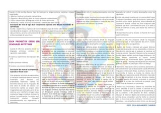 PROF. DELIA AGRAMONTE CUADROS
Cuando el niño escribe diversos tipos de textos en su lengua materna, combina e integra
capacidades:
• Adecúa el texto a la situación comunicativa,
• Organiza y desarrolla las ideas de forma coherente y cohesionada.
• Utiliza convenciones del lenguaje escrito de forma pertinente.
• Reflexiona y evalúa la forma, el contenido y contexto del texto escrito.
Descripción del nivel de logro de la competencia esperado al fin del ciclo II (Estándar de
aprendizaje)
Escribe 23 a partir de sus hipótesis de escritura diversos tipos de textos sobre temas variados
considerando el propósito y el destinatarioa partir de su experiencia previa. Desarrolla sus
ideas entorno a untema con la intenciónde transmitir ideas oemociones. Sigue la linealidad
y direccionalidad de la escritura.
esperado del ciclo II y realiza desempeños como los
siguientes:
• Escribe por propia iniciativa ya sumanera sobre loque
le interesa. Utiliza trazos, grafismos uotras formaspara
expresar sus ideas y emociones a través de una nota,
para relatar una vivencia o un cuento.
esperado del ciclo II y realiza desempeños como los
siguientes:
• Escribe por propia iniciativa y a su manera sobre lo que
le interesa: considera a quién le escribirány para qué lo
escribirá; utiliza trazos, grafismos, letras ordenadas de
izquierda a derecha y sobre una línea imaginaria para
expresar sus ideas o emociones en torno a un tema a
través de una nota o carta, para relatar una vivencia o
un cuento.
• Revisa el escrito que ha dictado, en función de lo que
quiere comunicar.
CREA PROYECTOS DESDE LOS
LENGUAJES ARTÍSTICOS
Cuando el niño crea proyectos desde los
lenguajes artísticos, combina las
siguientes capacidades:
• Explora y experimenta los lenguajes del
arte.
• Aplica procesos creativos.
• Socializa sus procesos y proyectos.
Descripción del nivel de la competencia
esperado al fin del ciclo II
Crea proyectos artísticos al experimentar
y manipular libremente diversos medios y
materiales para descubrir sus
propiedades expresivas. Explora los
elementos básicos de los lenguajes del
arte como el sonido, los colores y el
movimiento. Explora sus propias ideas
imaginativas que construye a partir de sus
vivencias y las transforma en algo nuevo
mediante el juego simbólico, el dibujo, la
pintura, la construcción, la música y el
movimiento creativo. Comparte
espontáneamente sus experiencias y
creaciones.
Cuando el niño crea proyectos desde los len-
guajes artísticos y se encuentra en proceso al
nivel esperado del ciclo II, realiza desempeños
como los siguientes:
• Explora por iniciativa propia diversos materiales
de acuerdo con sus necesidades e intereses.
Descubre las posibilidades expresivas de sus
movimientos y de los materiales con los que
trabaja. Ejemplo: En el taller de danza, uno de
los niños toma una cinta y empieza a moverla y
a moverse con ella, crea movimientos, como
ondear la cinta endiferentes direcciones, girarla
en su cabeza, serpentearla en el piso.
• Representa sus ideas acerca de sus vivencias
personales usando diferentes lenguajes artís-
ticos (el dibujo, la pintura, la danza o el movi-
miento, el teatro, la música, los títeres, etc.).
Ejemplo: Mario toma crayolas y papel para di-
bujar un chancho y de esta manera representar
lo que más le gustó del paseo al campo.
• Muestra y comenta de forma espontánea, a
compañeros yadultos de su entorno, loque ha
realizado al jugar ycrear proyectos a través de
los lenguajes artísticos. Ejemplo: Raúl realiza
un dibujo por propia iniciativa, sobre el
proyecto de la tienda que imagina construir y
lo muestra a su profesora y amigos con entu-
siasmo mientras le cuenta loque ha dibujado
Cuando el niño crea proyectos desde los lenguajes
artísticos y se encuentra en proceso al nivel esperado
del ciclo II, realiza desempeños como los siguientes:
• Explora por iniciativa propia diversos materiales de
acuerdo con sus necesidades e intereses. Descubre los
efectos que se producen al combinar un material con
otro. Ejemplo: En el taller de música, una de las niñas
elige un par de latas y las golpea entre sí. Luego, las
golpea con diferentes superficies: sobre la mesa, con
plumones, con ramitas, con una cuchara y descubre
diversos sonidos.
• Representa ideas acerca de sus vivencias personales
usando diferentes lenguajes artísticos (el dibujo, la
pintura, la danza o el movimiento, el teatro, la música,
los títeres, etc.). Ejemplo: Al iniciar la semana, la do-
cente invita a los niños a compartir lo que hicieron el
finde semana. Unode ellos, dice: “Llegaronmis tíos, y
cantaron y tocaban un tambor… así. Espera [va
corriendo al sector de música y regresa con el
tambor]”. “Así, mira”, dice mientras toca el tambor.
• Muestra y comenta de forma espontánea a
compañeros y adultos de su entorno, lo que ha
realizado, al jugar y crear proyectos a través de los
lenguajes artísticos. Ejemplo: Marcela construyó una
casita con material reusable y comunica a sus
compañeritos lo que hizo y cómo lo hizo: “Miren, con
las cajitas de medicina, he construido mi casita y, con
la cajita de fósforos, hice la puerta, porque era más
chiquita”
Cuando el niño crea proyectos desde los lenguajes
artísticos y logra el nivel esperado del ciclo II, realiza
desempeños como los siguientes:
• Explora de manera individual y/o grupal diversos
materiales de acuerdo con sus necesidades e intereses.
Descubre los efectos que se producen al combinar un
material conotro. Ejemplo: El docente les ha narrado el
cuento Buenas noches, gorila de Peggy Rathmann, y los
niños desean representar el cuento, Sandra
experimenta con movimientos ágiles y grandes para
hacer de gorila, y Natalia práctica gestos para hacer de
guardián. Ambas se juntan para hacer un diálogo.
• Representa ideas acerca de sus vivencias personales y
del contexto enel que se desenvuelve usandodiferentes
lenguajes artísticos (el dibujo, la pintura, la danza o el
movimiento, el teatro, la música, los títeres, etc.).
Ejemplo: Juan representa usando diferentes materiales
ramitas que encuentren en la zona, témpera, crayolas,
plumones, papeles de colores), un puente, y comenta
que cerca de su casa han construido un puente y que
todos están de fiesta en su comunidad.
• Muestra sus creaciones y observa las creaciones de
otros. Describe lo que ha creado. A solicitud de la
docente, manifiesta lo que le gusta de la experiencia, o
de su proyecto y del proyecto de otros. Ejemplo:
Después de observar objetos de cerámica creados por
artistas de su comunidad, Julio ha hecho un corazón
para su mamá con arcilla y témpera. Le comenta a la
docente y a sus compañeros cómo lo hizo. Les dice que
 