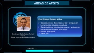 ÁREAS DE APOYO
Coordinador Campus Virtual
➢ Capacitación de docentes nuevos y antiguos en
herramientas virtuales educativas.
➢ Capacitación de estudiantes nuevos y antiguos en
herramientas virtuales educativas.
➢ Medios educativos.
➢ Saber pro.Coordinador:Carlos Fabian Tachack
Segura
E-mail: carlos.tachack@uniminuto.edu
 