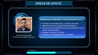 ÁREAS DE APOYO
GERENCIA DE SERVICIOS TECNOLÓGICOS (G.S.T.)
➢ Proceso de carnetización y cambio de carné
➢ Mantenimiento de equipos administrativos
➢ Solución a inconvenientes que se presenten con el
correo administrativo
➢ Acceso al sistema TuClave
➢ Préstamo de telepresencia y auditorioLider: Jaime Rios patiño
E-mail: Jaime.rios@uniminuto.edu
 