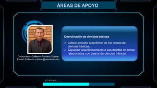 ÁREAS DE APOYO
Coordinación de ciencias básicas
➢ Liderar proceso académico de los cursos de
ciencias básicas.
➢ Capacitar académicamente a estudiantes en temas
relacionados con cursos de ciencias básicas.
Coordinador:Guillermo Rubiano Copete
E-mail: Guillermo.rubiano@uniminuto.edu
 
