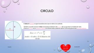 CIRCULO
25/02/2019Acapulco
El área del círculo es igual al producto de π por el radio (r) al cuadrado.
También se puede calcular el área conociendo el diámetro del círculo (D), ya que éste es el doble del radio.
Como un círculo es un polígono regular de infinitos lados, podemos aplicar la fórmula general del área del polígono
InicioAr
eas de
figuras
 