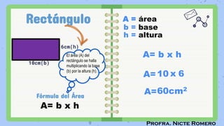 Profra. Nicte Romero
Rectángulo
10cm(b)
6cm(h)
Fórmula del Área
A= b x h
A = área
b = base
A=60cm2
h = altura
A= b x h
A=10
El área (A) del
rectángulo se halla
multiplicando la base
(b) por la altura (h).
x 6
 