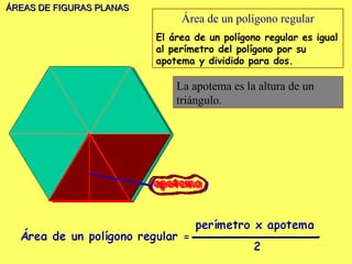 ÁREAS DE FIGURAS PLANAS
                               Área de un polígono regular
                          El área de un polígono regular es igual
                          al perímetro del polígono por su
                          apotema y dividido para dos.

                              La apotema es la altura de un
                              triángulo.
 