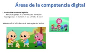 Creación de Contenidos Digitales
Anotar un ejemplo de la manera cómo desarrollar
la competencia en mención en una actividad de clases
Videos donde el niño observe de manera practica la clase
 