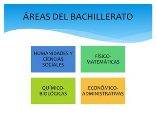 HUMANIDADES Y
CIENCIAS
SOCIALES
FÍSICO-
MATEMÁTICAS
QUÍMICO-
BIOLÓGICAS
ECONÓMICO-
ADMINISTRATIVAS
ÁREAS DEL BACHILLERATO
 