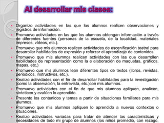  Organizo actividades en las que los alumnos realicen observaciones y 
registros de información. 
 Promuevo actividades en las que los alumnos obtengan información a través 
de diferentes fuentes (personas de la escuela, de la localidad, materiales 
impresos, vídeos, etc.). 
 Promuevo que mis alumnos realicen actividades de escenificación teatral para 
desarrollar habilidades de expresión y reforzar el aprendizaje de contenidos. 
 Promuevo que mis alumnos realicen actividades con las que desarrollen 
habilidades de representación como la e elaboración de maquetas, gráficos, 
mapas, etc.) 
 Promuevo que mis alumnos lean diferentes tipos de textos (libros, revistas, 
periódicos, instructivos, etc.). 
 Realizo actividades con el fin de desarrollar habilidades para la investigación 
(como la observación, la entrevista, etc.)con mis alumnos. 
 Promuevo actividades con el fin de que mis alumnos apliquen, analicen, 
sinteticen y evalúen lo aprendido. 
 Presento los contenidos y temas a partir de situaciones familiares para mis 
alumnos. 
 Promuevo que mis alumnos apliquen lo aprendido a nuevos contextos o 
situaciones. 
 Realizo actividades variadas para tratar de atender las características y 
necesidades de todo mi grupo de alumnos (los niños promedio, con rezago, 
con desempeño sobresaliente y con necesidades educativas especiales). 
 