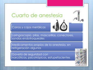 Cuarto de anestesia

Carros y cajas metálicas

Laringoscopio, pilas, mascarillas, conectores,
sondas endotroqueales

Medicamentos propios de la anestesia, en
refrigeración algunos

Gaveta de seguridad con
narcóticos, psicotrópicos, estupefacientes
 