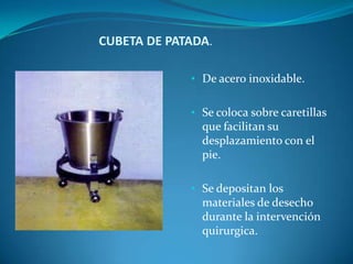 CUBETA DE PATADA.

             • De acero inoxidable.


             • Se coloca sobre caretillas
               que facilitan su
               desplazamiento con el
               pie.

             • Se depositan los
               materiales de desecho
               durante la intervención
               quirurgica.
 