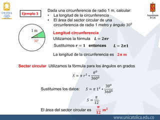 Dada una circunferencia de radio 1 m, calcular:
• La longitud de la circunferencia
• El área del sector circular de una
circunferencia de radio 1 metro y ángulo 300
Ejemplo 3
Utilizamos la fórmula para los ángulos en grados
𝑆 = 𝜋 𝑟2 ∗
𝜃0
3600
Sustituimos los datos: 𝑆 = 𝜋 12 ∗
300
3600
𝑆 =
𝜋
12
El área del sector circular es
𝝅
𝟏𝟐
𝒎 𝟐
Longitud circunferencia
𝑳 = 𝟐𝝅𝒓Utilizamos la fórmula
Sustituimos 𝒓 = 𝟏 entonces 𝑳 = 𝟐𝝅𝟏
𝟐𝛑 𝒎La longitud de la circunferencia es
Sector circular
 