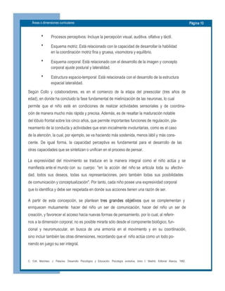 Áreas o dimensiones curriculares  Página 10 
♦
♦
♦
♦
Procesos perceptivos: Incluye la percepción visual, auditiva. olfativa y táctil. 
Esquema motriz: Está relacionado con la capacidad de desarrollar la habilidad 
en la coordinación motriz fina y gruesa, visomotora y equilibrio. 
Esquema corporal: Está relacionado con el desarrollo de la imagen y concepto 
corporal ajuste postural y lateralidad. 
Estructura espacio­temporal: Está relacionada con el desarrollo de la estructura 
espacial lateralidad. 
Según  Collo  y  colaboradores,  es  en  el  comienzo  de  la  etapa  del  preescolar  (tres  años  de 
edad), en donde ha concluido la fase fundamental de mielinización de las neuronas, lo cual 
permite  que  el  niño  esté  en  condiciones  de  realizar  actividades  sensoriales  y  de  coordina­ 
ción de manera mucho más rápida y precisa. Además, es de resaltar la maduración notable 
del lóbulo frontal sobre los cinco años, que permite importantes funciones de regulación, pla­ 
neamiento de la conducta y actividades que eran inicialmente involuntarias, como es el caso 
de la atención, la cual, por ejemplo, se va haciendo más sostenida, menos lábil y más cons­ 
ciente.  De  igual  forma,  la  capacidad  perceptiva  es  fundamental  para  el  desarrollo  de  las 
otras capacidades que se sintetizan o unifican en el proceso de pensar. 
La  expresividad  del  movimiento  se  traduce  en  la  manera  integral  como  el  niño  actúa  y  se 
manifiesta ante el mundo con  su  cuerpo:  "en  la  acción  del  niño se  articula  toda  su  afectivi­ 
dad,  todos  sus  deseos,  todas  sus  representaciones,  pero  también  todas  sus  posibilidades 
de comunicación y conceptualización". Por tanto, cada niño posee una expresividad corporal 
que lo identifica y debe ser respetada en donde sus acciones tienen una razón de ser. 
A  partir  de  esta  concepción,  se  plantean  tres  grandes  objetivos  que  se  complementan  y 
enriquecen  mutuamente:  hacer  del  niño  un  ser  de  comunicación,  hacer  del  niño  un  ser  de 
creación, y favorecer el acceso hacia nuevas formas de pensamiento, por lo cual, al referir­ 
nos a la dimensión corporal, no es posible mirarla sólo desde el componente biológico, fun­ 
cional  y  neuromuscular,  en  busca  de  una  armonía  en  el  movimiento  y  en  su  coordinación, 
sino incluir también las otras dimensiones, recordando que el  niño actúa como un todo po­ 
niendo en juego su ser integral. 
C.   Coll,   Marchesi,   J.   Palacios,   Desarrollo   Psicológico   y   Educación.   Psicología   evolutiva,   tomo   I.   Madrid,   Editorial   Alianza,   1992.
 