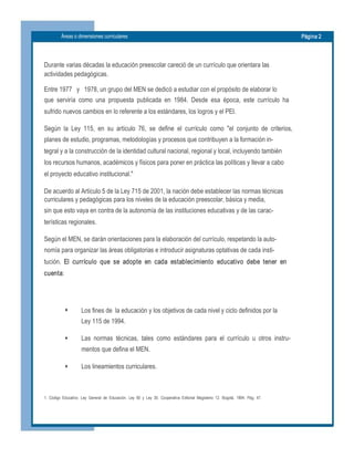Áreas o dimensiones curriculares  Página 2 
Durante varias décadas la educación preescolar careció de un currículo que orientara las 
actividades pedagógicas. 
Entre 1977   y   1978, un grupo del MEN se dedicó a estudiar con el propósito de elaborar lo 
que  serviría  como  una  propuesta  publicada  en  1984.  Desde  esa  época,  este  currículo  ha 
sufrido nuevos cambios en lo referente a los estándares, los logros y el PEI. 
Según  la  Ley  115,  en  su  artículo  76,  se  define  el  currículo  como  "el  conjunto  de  criterios, 
planes de estudio, programas, metodologías y procesos que contribuyen a la formación in­ 
tegral y a la construcción de la identidad cultural nacional, regional y local, incluyendo también 
los recursos humanos, académicos y físicos para poner en práctica las políticas y llevar a cabo 
el proyecto educativo institucional." 
De acuerdo al Artículo 5 de la Ley 715 de 2001, la nación debe establecer las normas técnicas 
curriculares y pedagógicas para los niveles de la educación preescolar, básica y media, 
sin que esto vaya en contra de la autonomía de las instituciones educativas y de las carac­ 
terísticas regionales. 
Según el MEN, se darán orientaciones para la elaboración del currículo, respetando la auto­ 
nomía para organizar las áreas obligatorias e introducir asignaturas optativas de cada insti­ 
tución.  El  currículo  que  se  adopte  en  cada  establecimiento  educativo  debe  tener  en 
cuenta: 
♦
♦
♦
Los fines de  la educación y los objetivos de cada nivel y ciclo definidos por la 
Ley 115 de 1994. 
Las  normas  técnicas,  tales  como  estándares  para  el  currículo  u  otros  instru­ 
mentos que defina el MEN. 
Los lineamientos curriculares. 
1.  Código  Educativo.  Ley  General  de  Educación.  Ley  60  y  Ley  30.  Cooperativa  Editorial  Magisterio  12.  Bogotá,  1994.  Pág.  47.
 