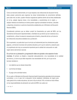 Página 3  Organización del Centro Escolar 
Como se mencionó anteriormente, en lo que respecta a las instituciones de educación formal, 
éstas  poseen  autonomía  para  organizar  las  áreas  fundamentales  de  conocimiento  definidas 
para cada nivel, es decir, pueden introducir asignaturas optativas dentro de las áreas establecidas 
en  la  ley,  adaptar  algunas  áreas  a  las  necesidades  y  características  de  la  región,  y 
adoptar métodos de enseñanza en donde puedan organizar actividades formativas, culturales 
y deportivas, teniendo en cuenta los lineamientos establecidos por el Ministerio de Educación 
Nacional (MEN). 
Considerando  asimismo  que  se  deben  cumplir  los  lineamientos  por  parte  del  MEN,  son  las 
Secretarías de Educación departamentales o distritales las que tienen que ser veedoras de su 
cumplimiento, y ofrecer la asesoría necesaria para el diseño y desarrollo de los currículos de 
las instituciones educativas estatales de su jurisdicción. 
De lo expresado, se puede decir que el currículo es fundamental para las orientaciones peda­ 
gógicas, y enmarcan el proceso de la practica educativa, por lo que la veeduría y asesoría para 
el cumplimiento de la ley es sumamente importante para la calidad de la educación en cada 
región dentro del territorio nacional. 
El currículo en su planeación y programación debe ser ajustado a dos aspectos funda­ 
mentales.  El  primero  va  dirigido  a  responder  adecuadamente  a  las  necesidades  de  la  realidad 
del entorno, y lo otro es que debe responder a las necesidades del niño, por lo que se de­ 
be tener claridad en:
•  Los objetivos que se desean desarrollar.
•  Las formas de trabajo.
•  El juego como actividad rectora.
Por su parte, el Ministerio de Educación Nacional diseñó lineamientos generales de los procesos 
curriculares,  y  en  el  caso  de  la  educación  formal  estableció  indicadores  de  logros  para 
cada grado de los niveles educativos, tal como lo fija el artículo 148, en donde se hace énfasis 
en las responsabilidades de planeación por parte del MEN, las cuales son: 
2.  Ibíd.  Pág.  47.
 