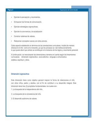 Página 5  Organización del Centro Escolar 
•  Ejercitar la percepción y movimientos.
•  Enriquecer las formas de comunicación.
•  Ejercitar estrategias cognoscitivas.
•  Ejercitar la convivencia y la socialización
•  Construir sistemas de valores.
•  Relacionar conceptos nuevos con otros previos.
Cada aspecto establecido en términos de las orientaciones curriculares, incidirá de manera 
directa en el niño  como en el docente, ya que los procesos se  dan bidireccionalmente, 
lo que quiere decir que ambos se contribuyen en el alcance de los logros y crecimiento personal. 
A continuación, se mencionarán las dimensiones a tenerse en cuenta según los lineamientos 
curriculares:    dimensión cognoscitiva , socio­afectiva , lenguaje o comunicativa 
estética, espiritual  y ética. 
Dimensión cognoscitiva 
Esta  dimensión  tiene  como  objetivo  general  mejorar  la  forma  de  relacionarse  el  niño 
con  otros  niños,  padre  y  adultos,  con  el  fin  de  contribuir  a  su  desarrollo  integral.  Esta 
dimensión tiene tres (3) propósitos fundamentales, los cuales son: 
1. La búsqueda de la independencia del niño. 
2. La búsqueda de la consistencia del niño. 
3. El desarrollo autónomo de valores.
 
