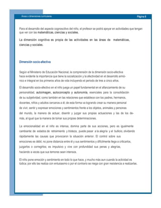 Áreas o dimensiones curriculares  Página 8 
Para el desarrollo del aspecto cognoscitivo del niño, el profesor se podrá apoyar en actividades que tengan 
que ver con las matemáticas, ciencias y sociales. 
La  dimensión  cognitiva  es  propia  de  las  actividades  en  las  áreas  de    matemáticas, 
ciencias y sociales. 
Dimensión socio­afectiva 
Según el Ministerio de Educación Nacional, la comprensión de la dimensión socio­afectiva 
hace evidente la importancia que tiene la socialización y la afectividad en el desarrollo armó­ 
nico e integral en los primeros años de vida incluyendo el periodo de tres a cinco años. 
El desarrollo socio­afectivo en el niño juega un papel fundamental en el afianzamiento de su 
personalidad,  autoimagen,  autoconcepto  y  autonomía,  esenciales  para  la  consolidación 
de su subjetividad, como también en las relaciones que establece con los padres, hermanos, 
docentes, niños y adultos cercanos a él; de esta forma va logrando crear su manera personal 
de vivir, sentir y expresar emociones y sentimientos frente a los objetos, animales y personas 
del  mundo,  la  manera  de  actuar,  disentir  y  juzgar  sus  propias  actuaciones  y  las  de  los  de­ 
más, al igual que la manera de tomar sus propias determinaciones. 
La  emocionalidad  en  el  niño  es  intensa,  domina  parte  de  sus  acciones,  pero  es  igualmente 
cambiante: de  estados de  retraimiento  y tristeza,  puede pasar  a la alegría  y el  bullicio, olvidando 
rápidamente  las  causas  que  provocaron  la  situación  anterior.  El  control  sobre  sus 
emociones es débil, no pone distancia entre él y sus sentimientos y difícilmente llega a criticarlos, 
juzgarlos  o  corregirlos;  es  impulsivo  y  vive  con  profundidad  sus  penas  y  alegrías, 
haciendo a veces que sus temores sean intensos. 
El niño pone emoción y sentimiento en todo lo que hace, y mucho más aun cuando la actividad es 
lúdica; por ello las realiza con entusiasmo o por el contrario se niega con gran resistencia a realizarlas.
 